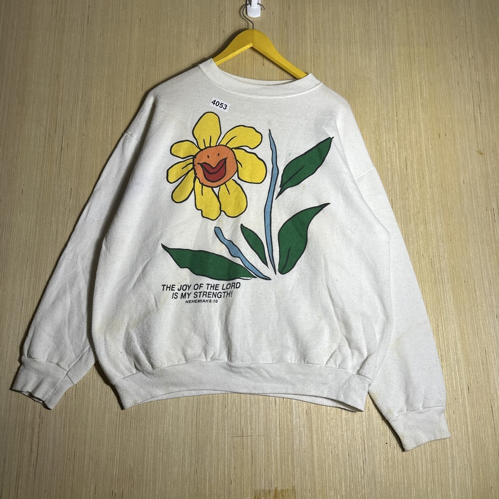 Vintage 90 Jesus Joy Of The Lord Is My Strength Nehemiah 8:10 Sweatshirt White L